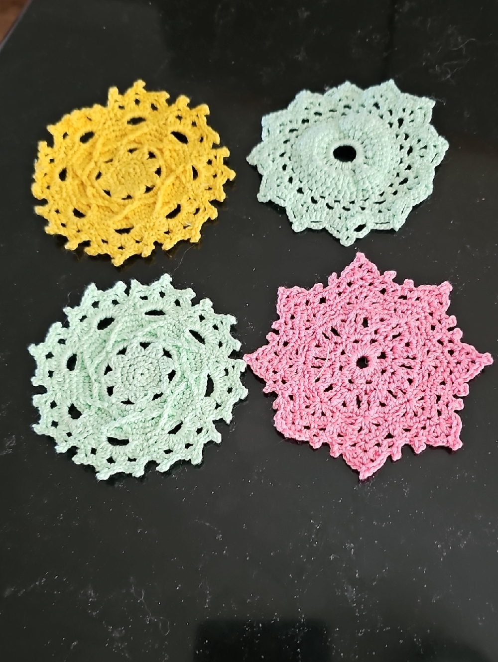 Handmade Crochet Doilies in Yellow, Mint and Pink